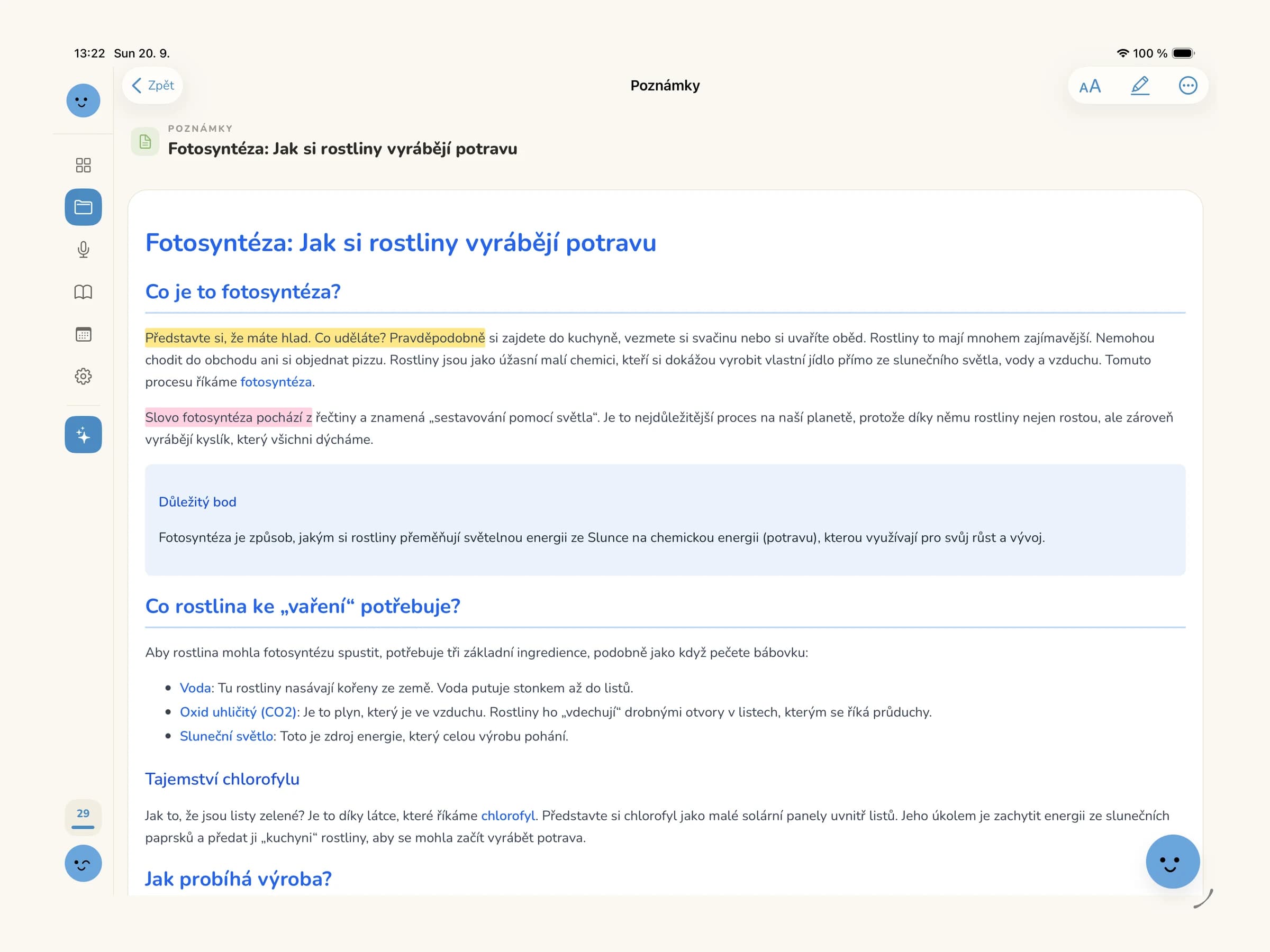 NookBook na iPadu na šířku: otevřená poznámka s postranním panelem, zvýrazňovačem a zoomem v horní liště.