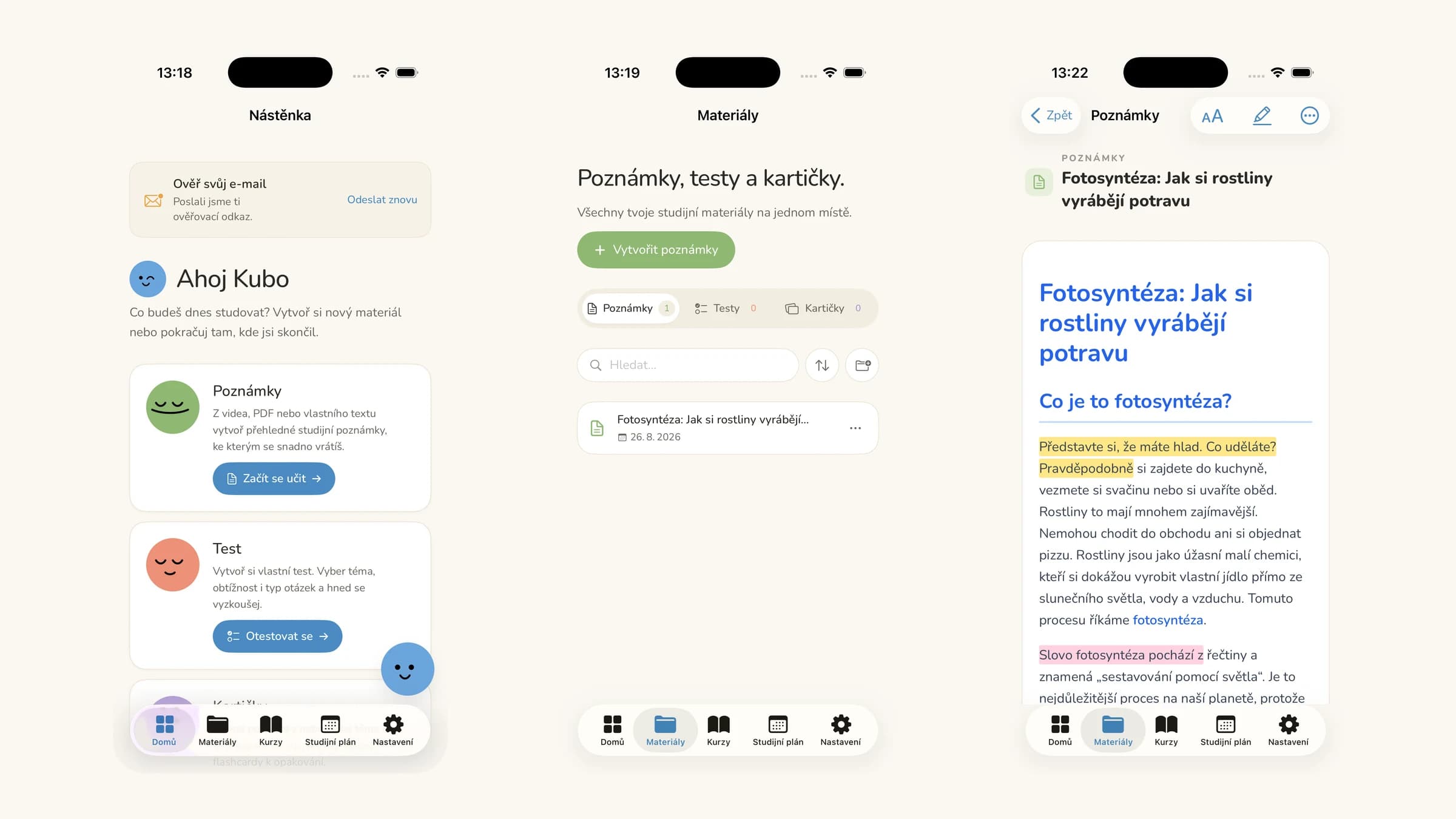 NookBook na iPhonu: nástěnka, seznam materiálů a poznámka se zvýrazněním.