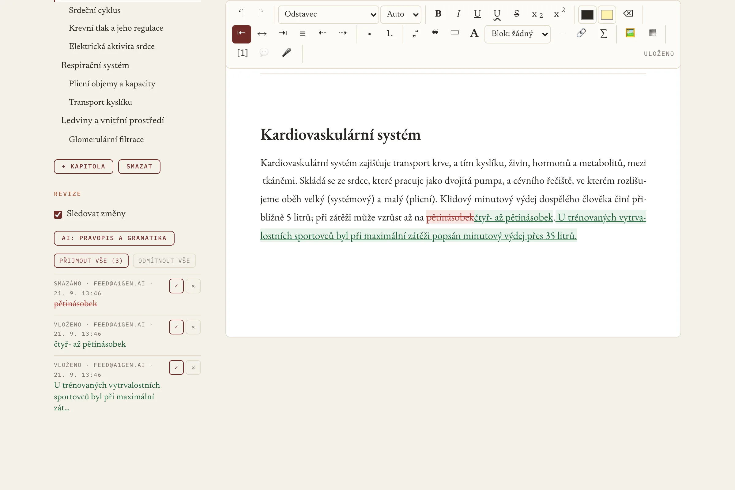 Editor Skripta.ai: vlevo kapitoly a panel revizí, vpravo text s vloženou větou a nahrazeným slovem, obojí čeká na schválení.